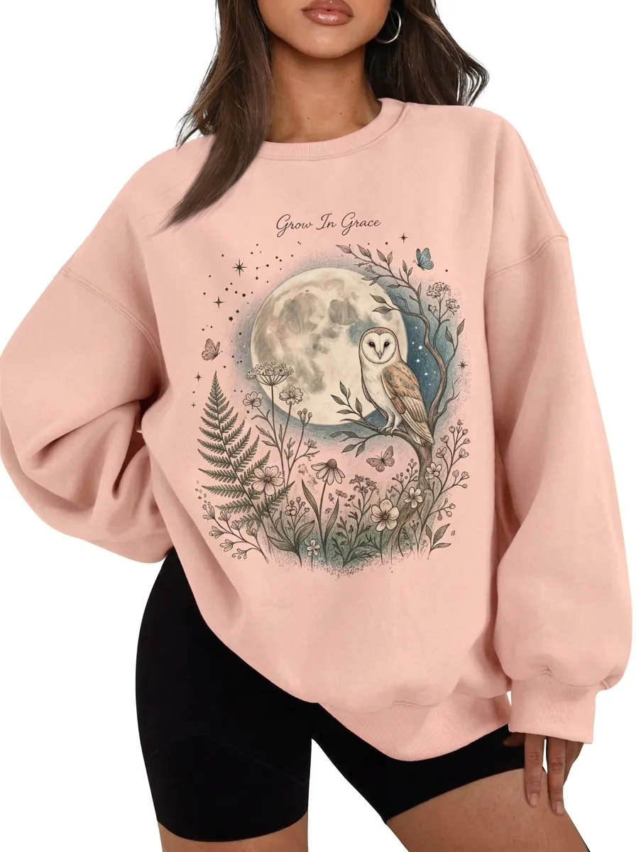 Women's Grow In Grace Moon Owl Floral Graphic Sweatshirt