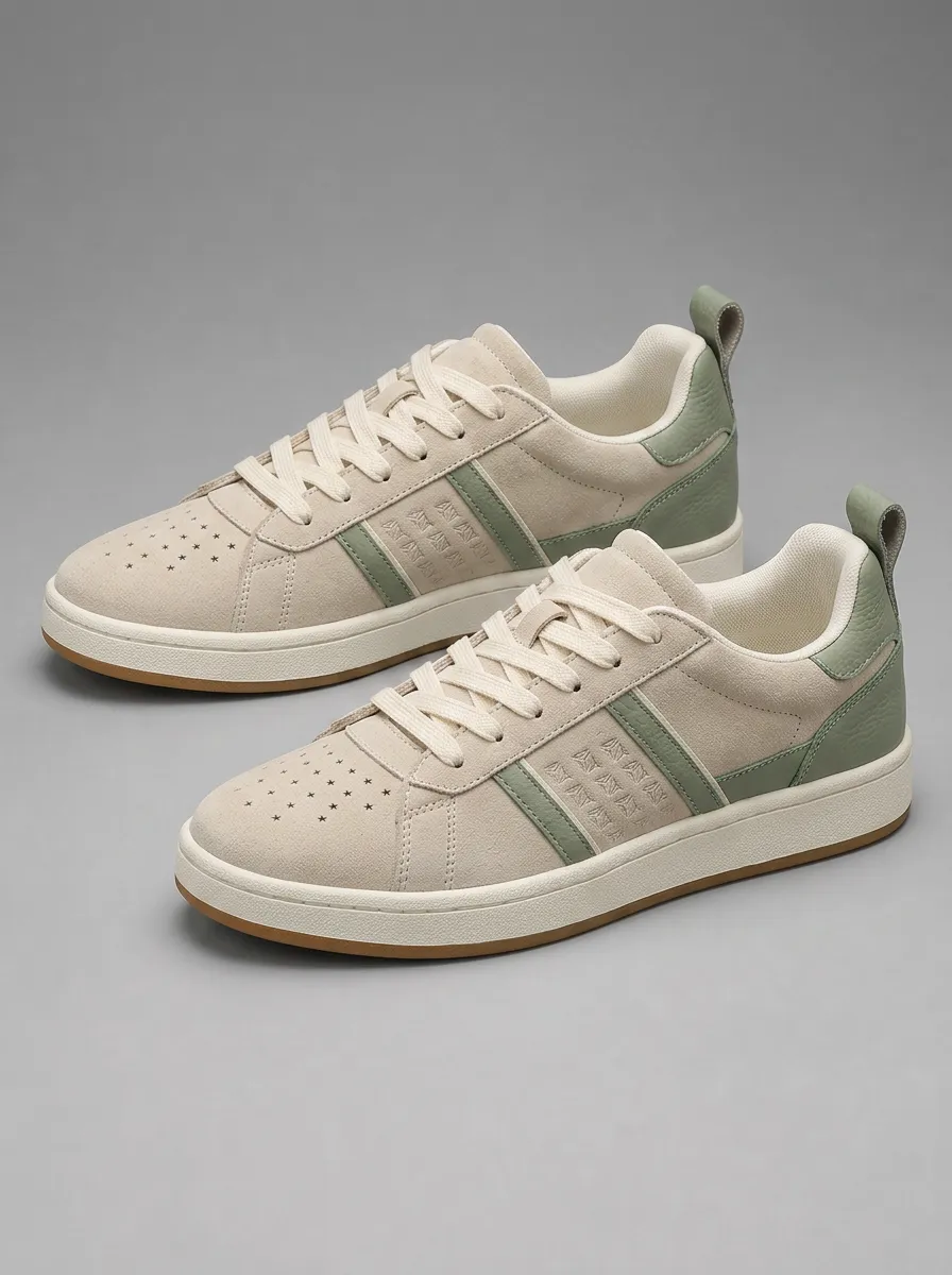 Men's Beige Green Star Perforated Suede Printed Sneakers