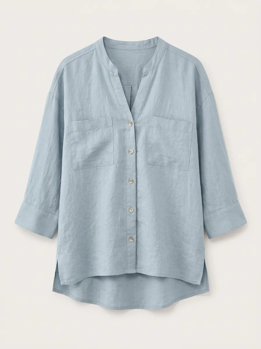 Women's Casual V-Neck Button Down Linen Blend 3/4 Sleeve Shirt