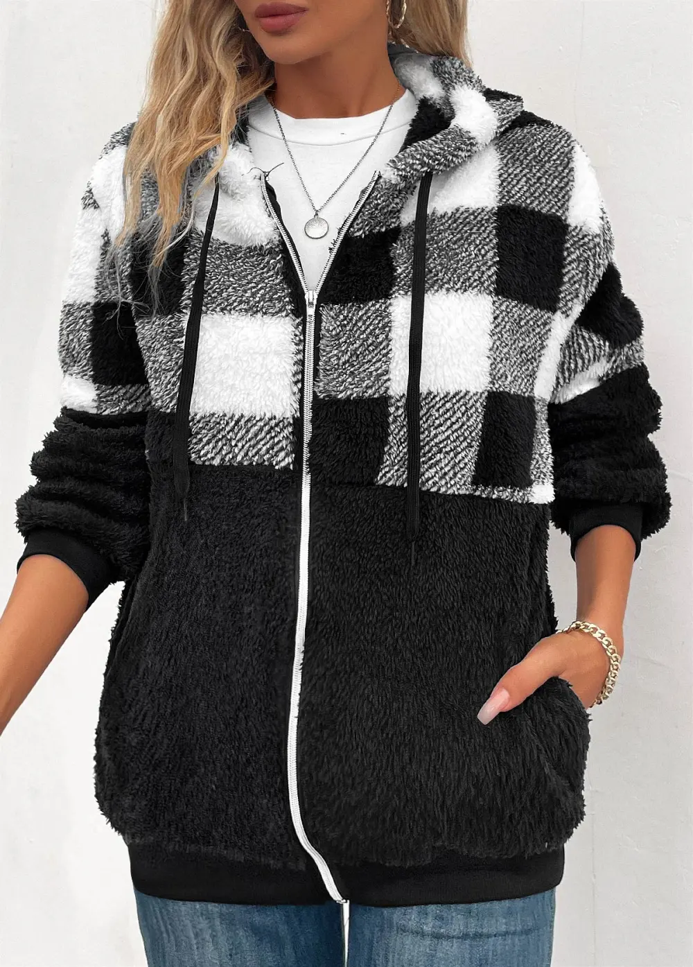 Black Pocket Plaid Long Sleeve Hooded Coat