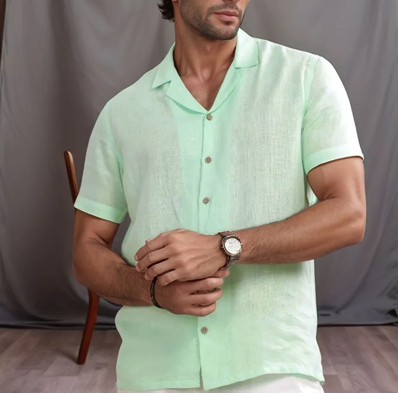 Mint Green Linen Camp Collar Shirt