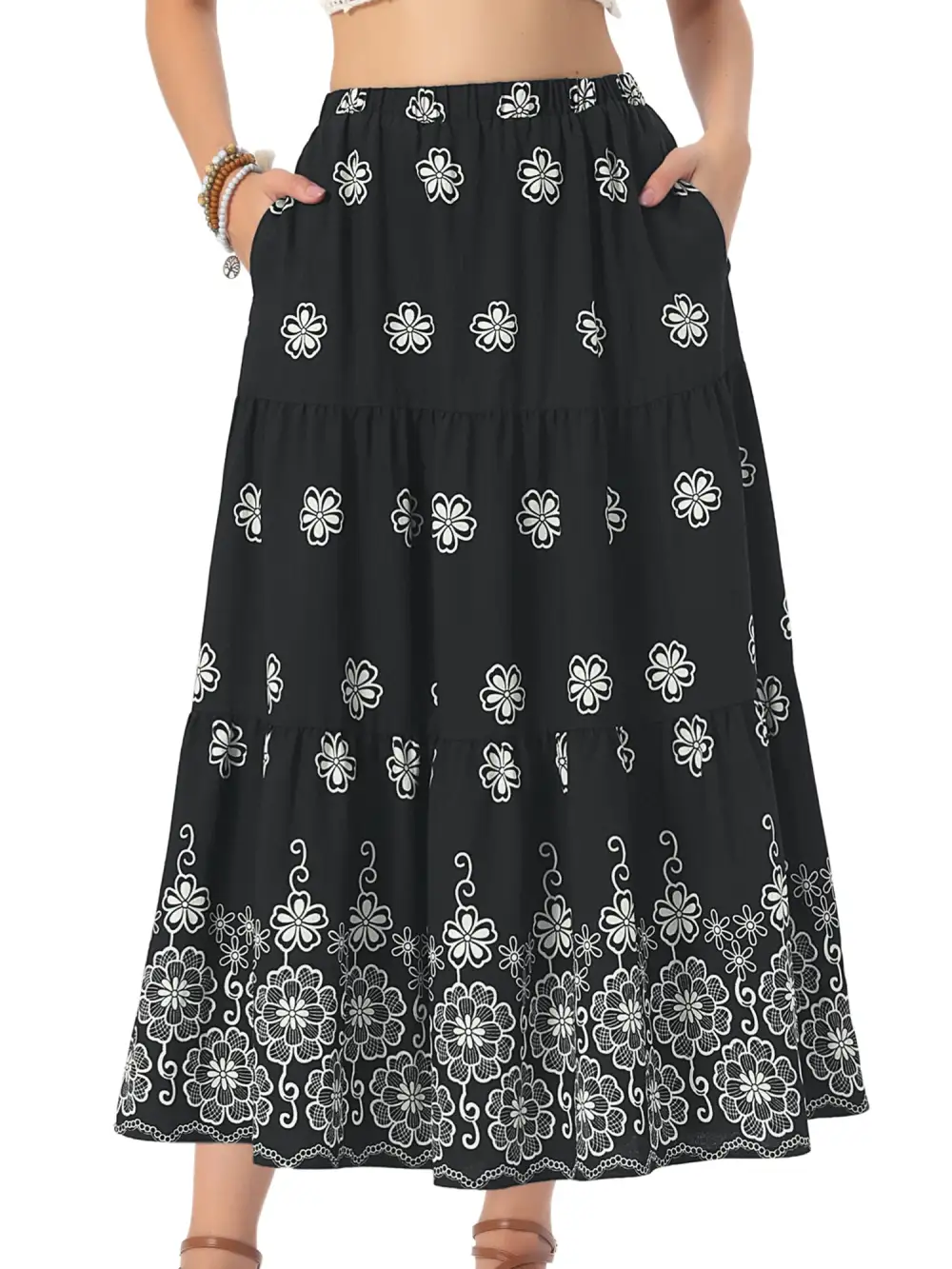 Boho Floral A-Line Tiered Maxi Skirt with Pockets