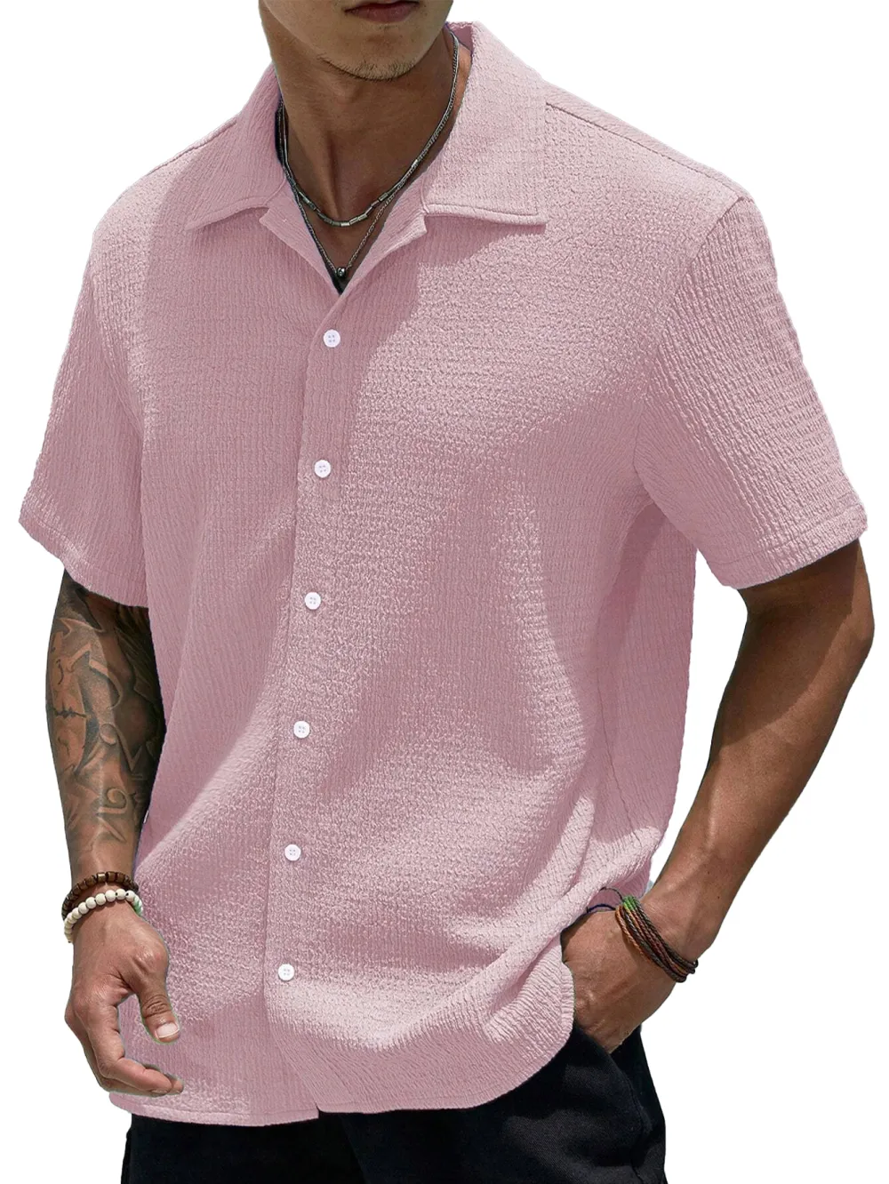 Short Sleeve Open Collar Pleated Front Shirt