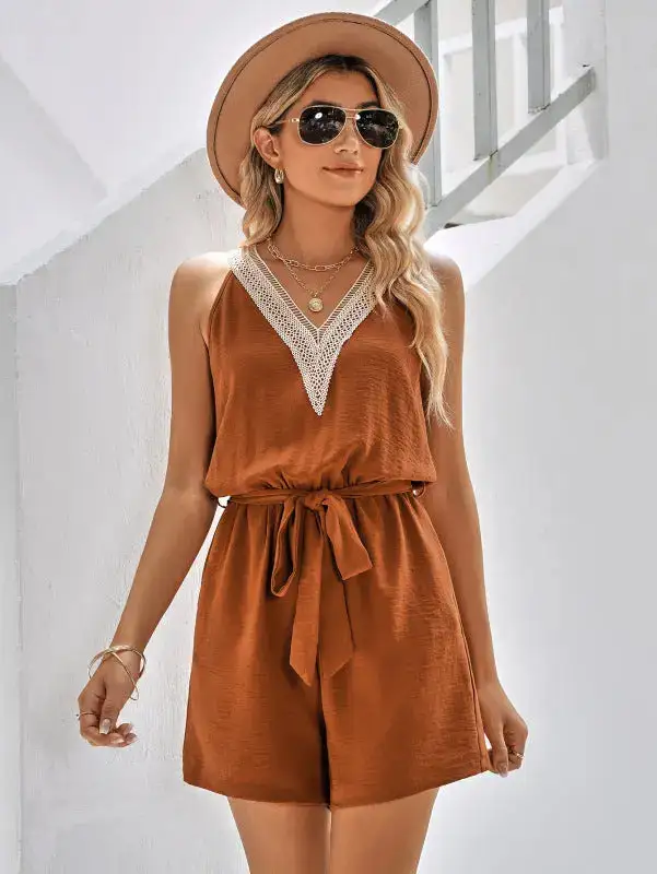 Lace V Neck Sleeveless Jumpsuit Belt