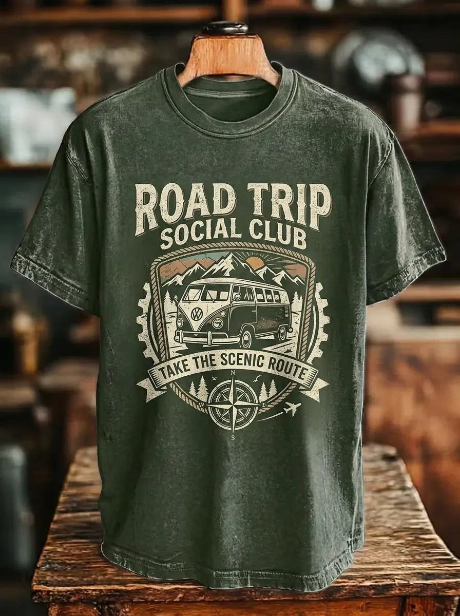 Unisex Road Trip Lover Vintage Van Mountain Printed T-shirt