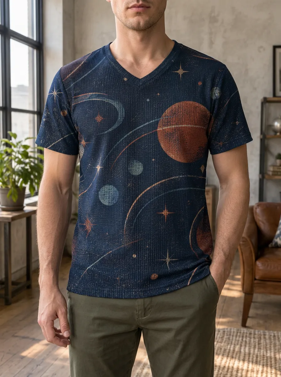 Men's Cosmic Space Galaxy Planet V-Neck T-Shirt