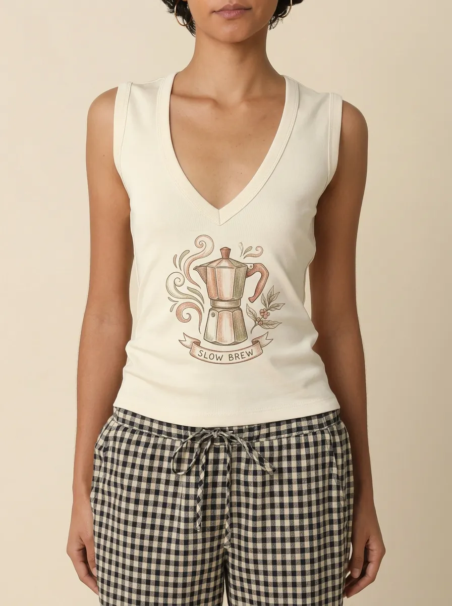 Women's Coffee-Inspired Moka Pot Slow Brew Printed Tank Top