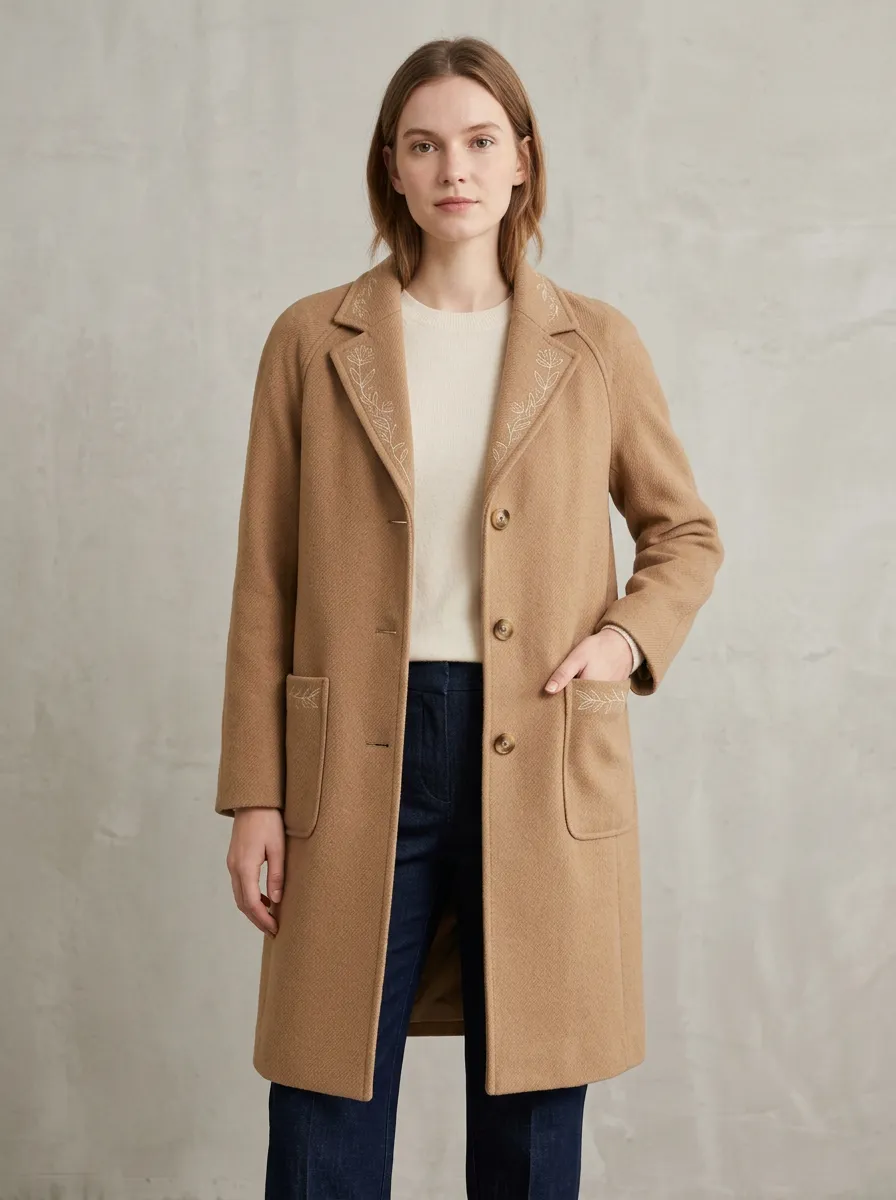 Women's Marin Floral Embroidered Camel Coat