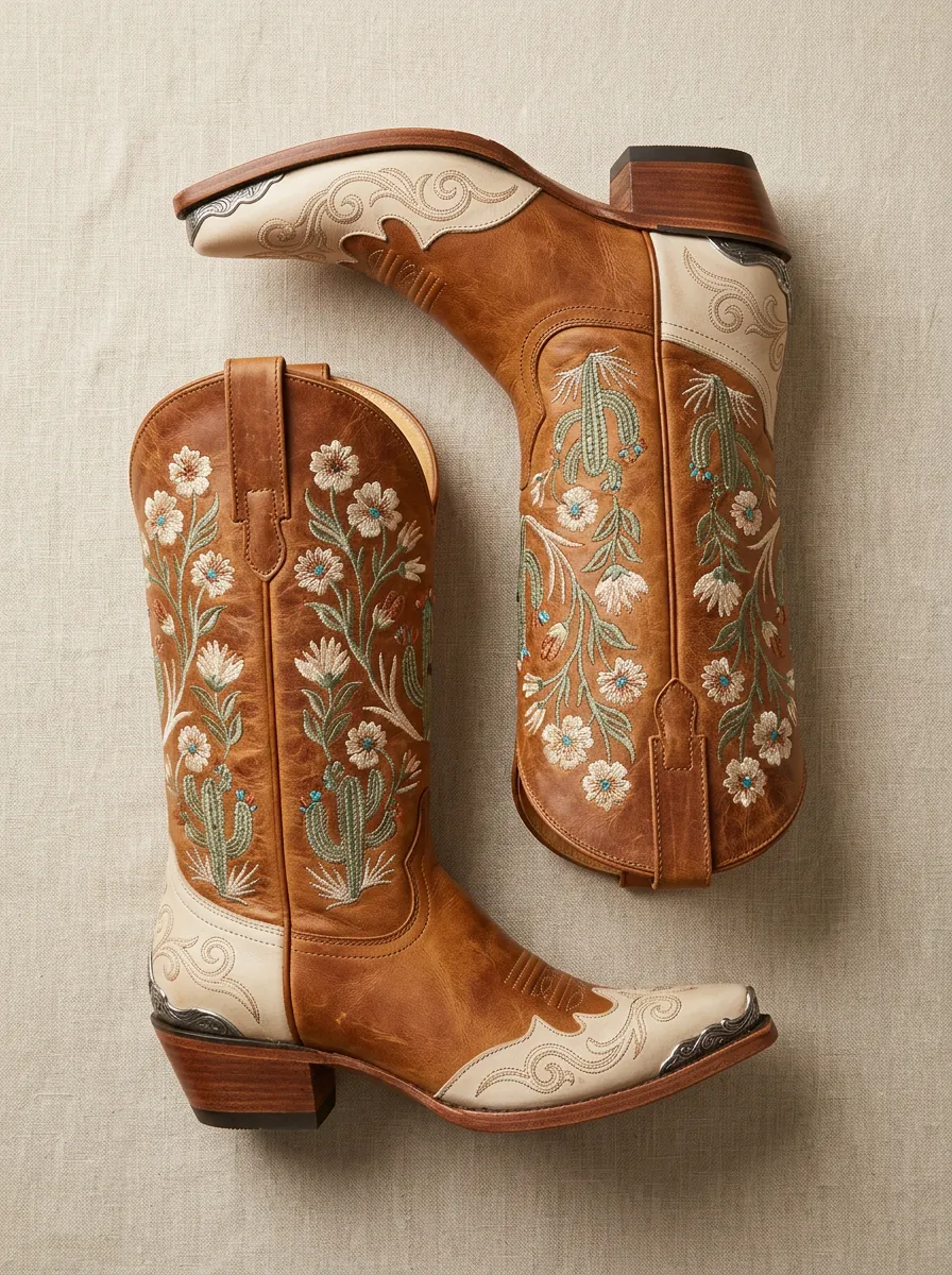 Desert Cactus Floral Embroidered Ranch Look Unisex Western Cowboy Boots
