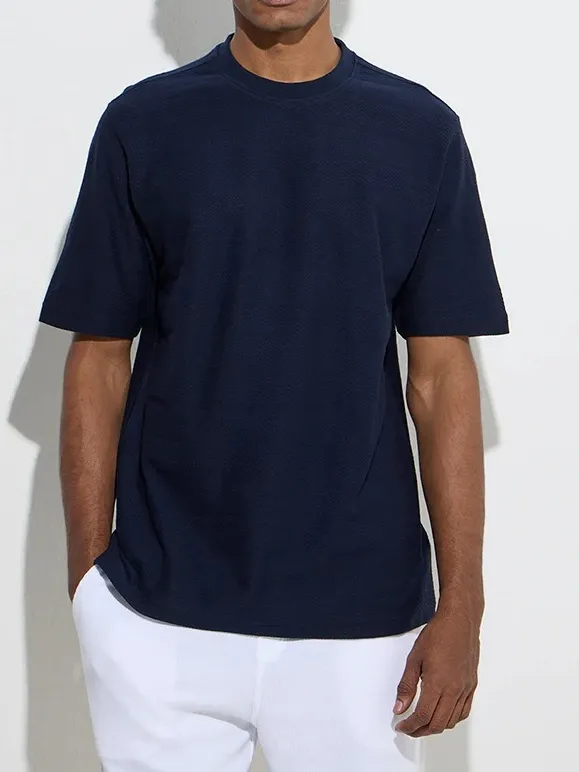 Navy Plain Loose Cotton-Blend T-Shirt