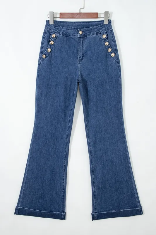Golden Button Detail Rolled Edge Flare Leg Jeans