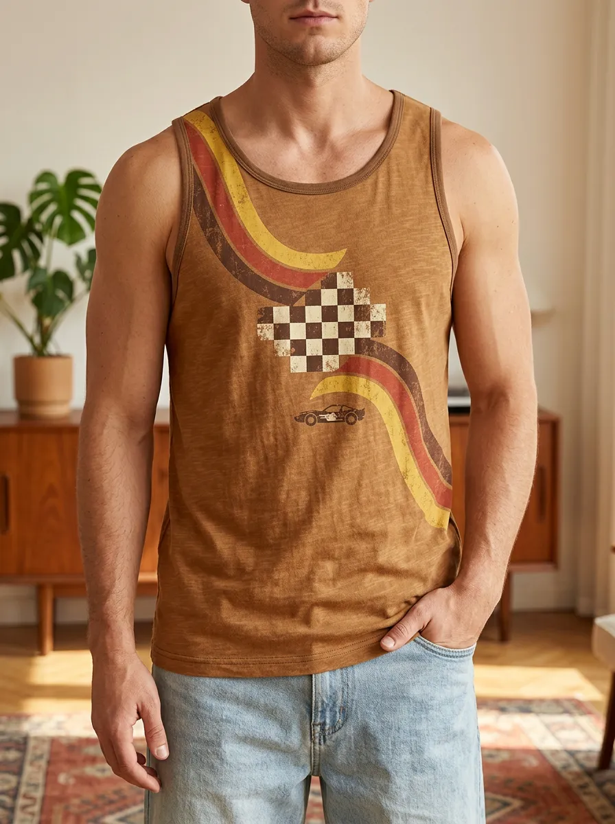 Men's Vintage Racing Car Checkerboard Stripe Tank Top