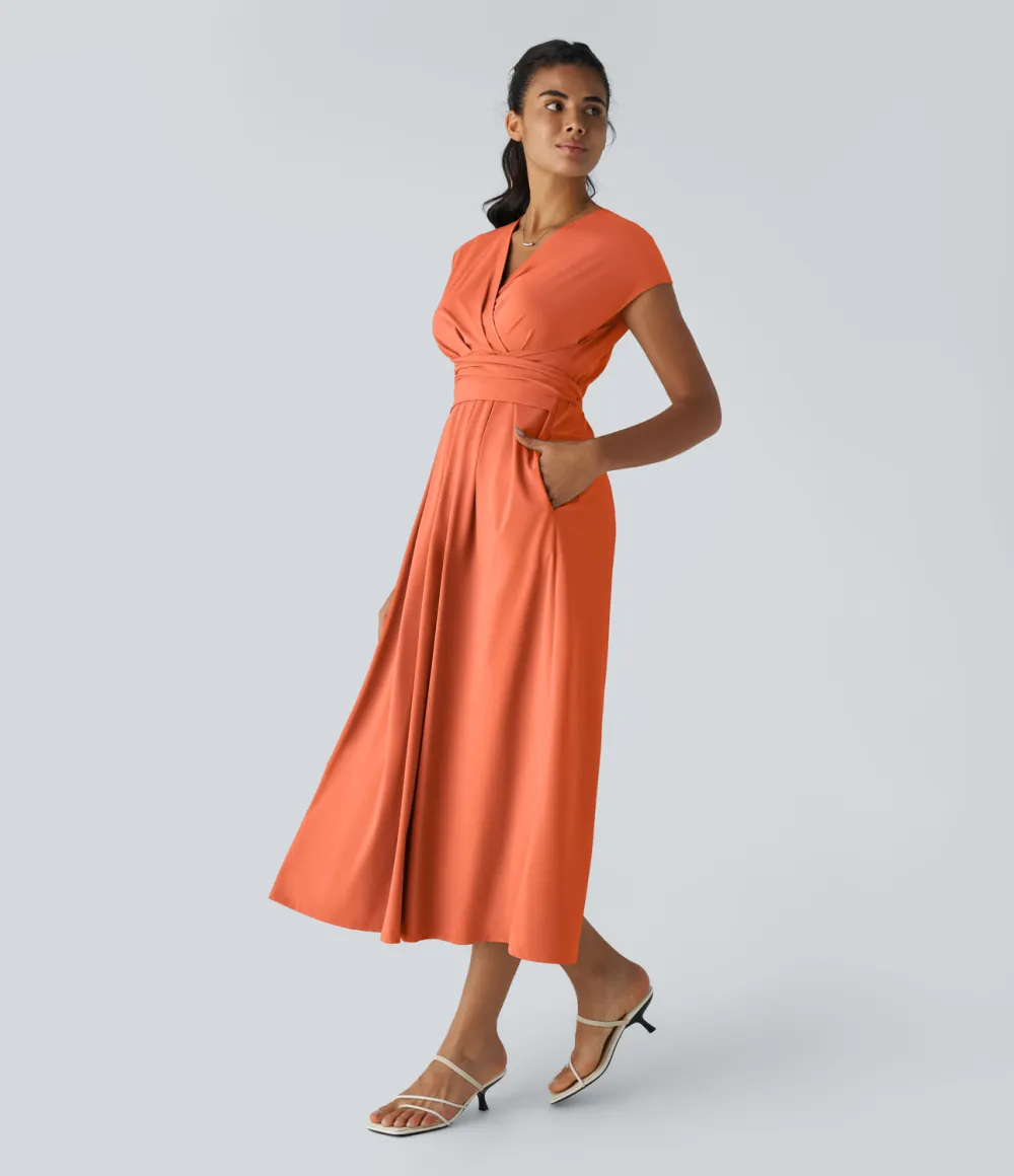 Breezeful V Neck Short Sleeve Side Pocket Tie Back Quick Dry Midi Casual Dress
