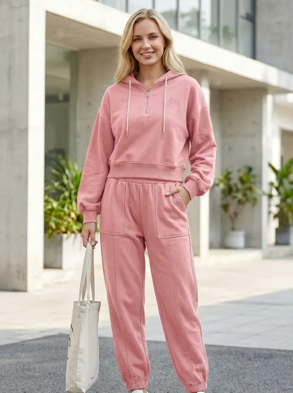 Women's Mountain Logo Brown Quarter Zip Hooded Sweatpants Set