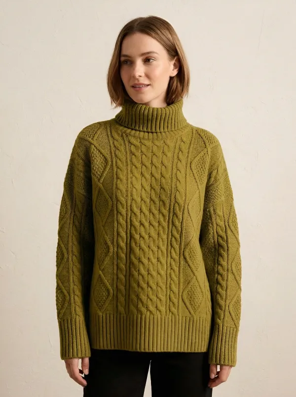 Women's Casual Winter Beige Cable Knit Patterned Turtleneck Sweater
