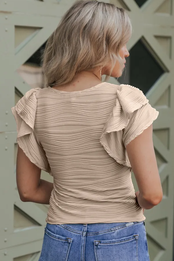 Wavy Textured Ruffle Sleeve Top