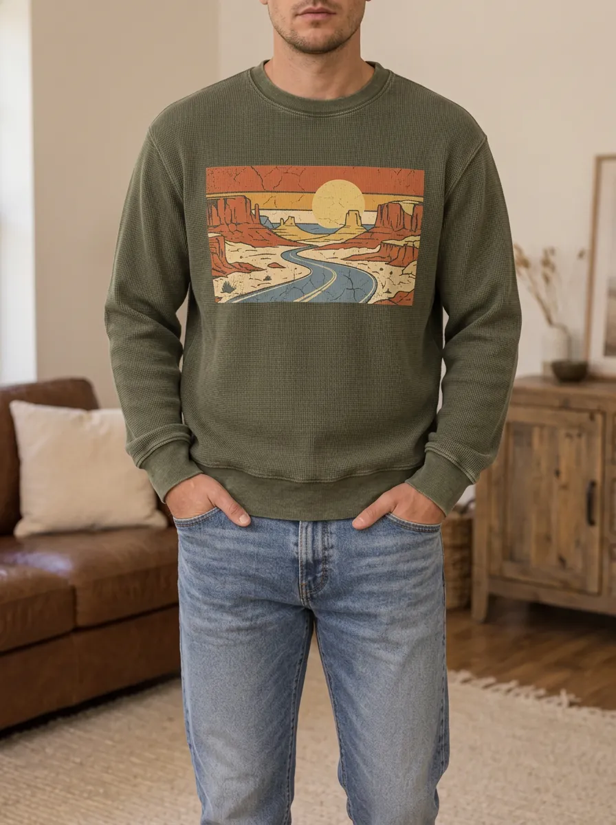 Men's Desert Road Trip Vintage Landscape Printed Waffle Knit Sweatshirt