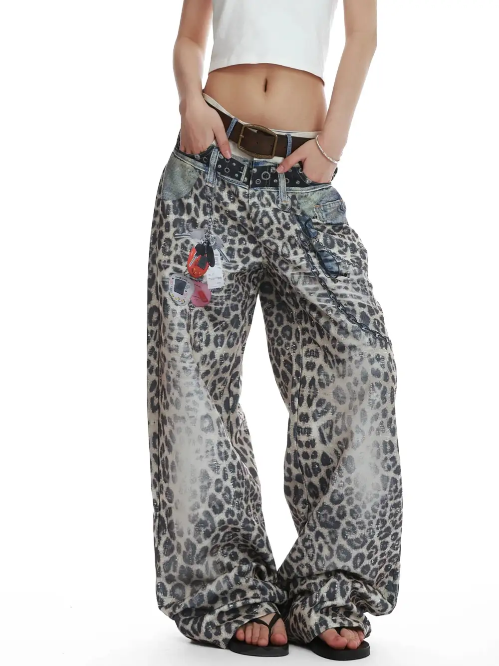 Wide-Leg Printed Contrast-Detail Pants