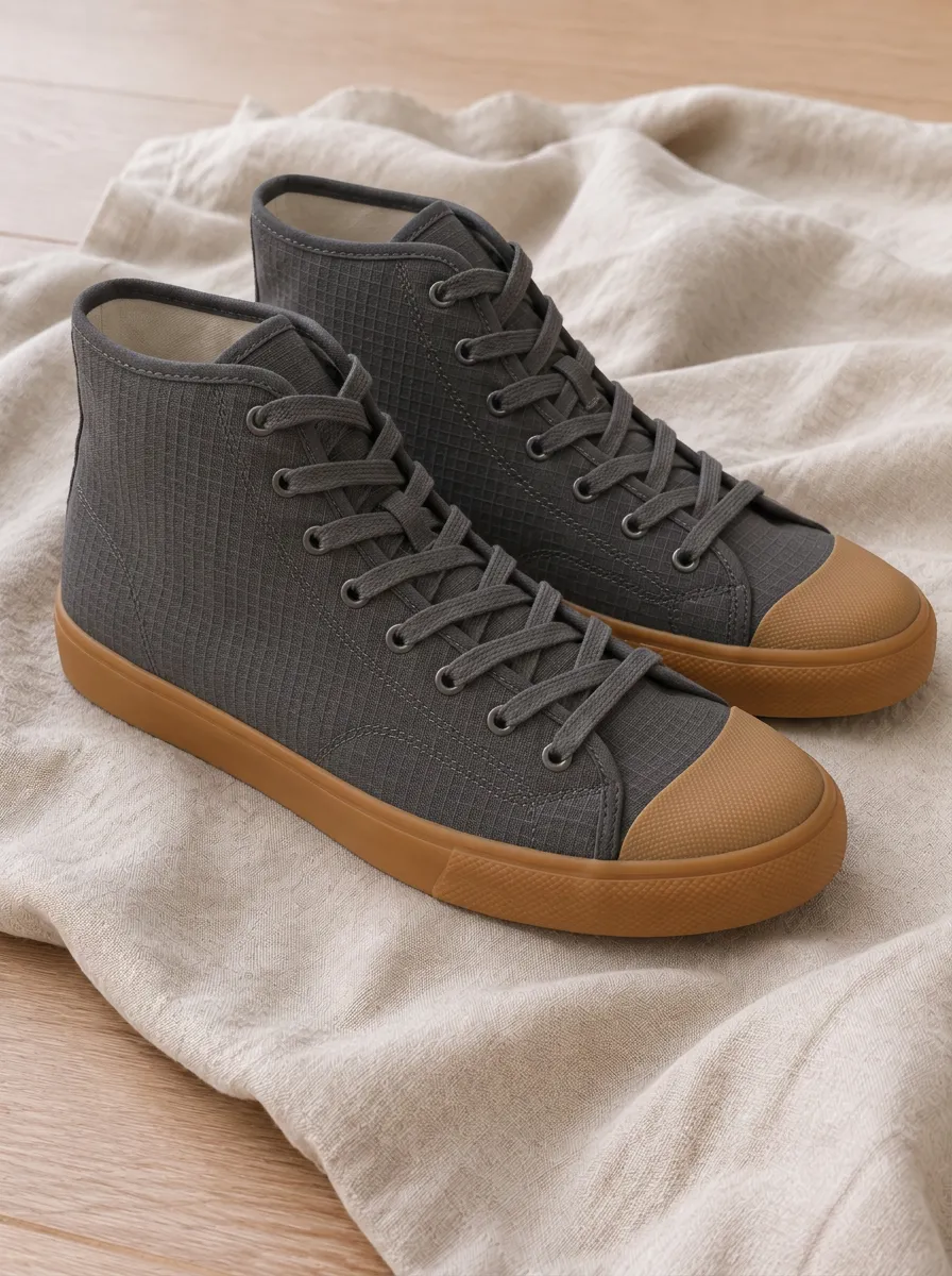 Men's Casual Grid Pattern Grey Gum Sole High-top Canvas Shoes