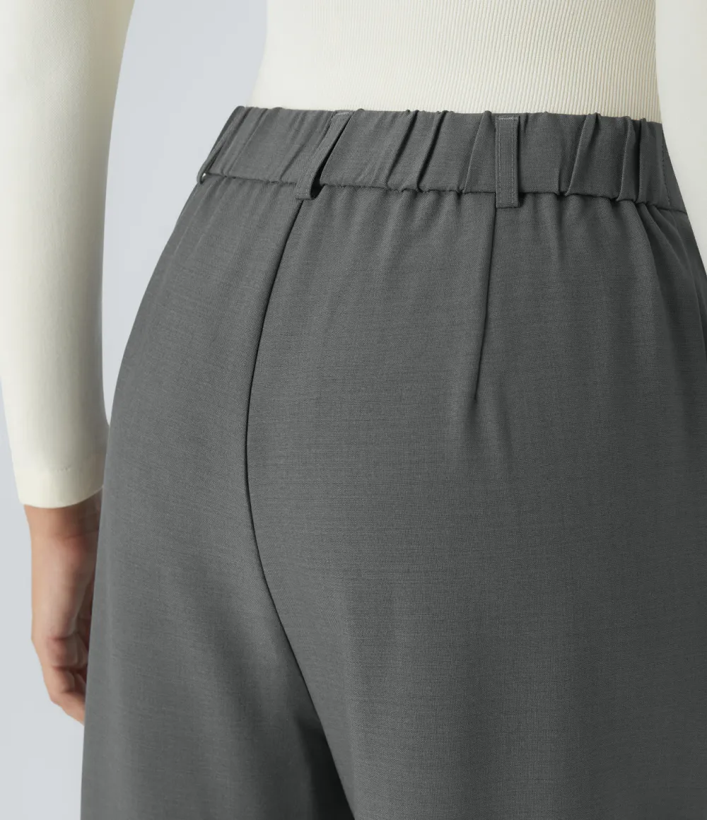 High Waisted Pleated Side Pocket Wide Leg Work Pants