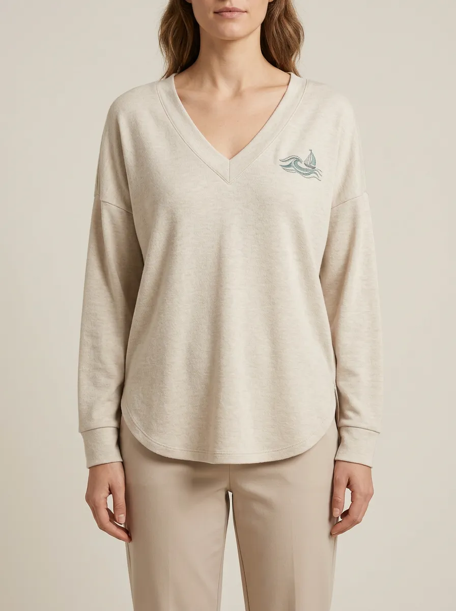 Women's V-Neck Embroidered Long-Sleeve Top