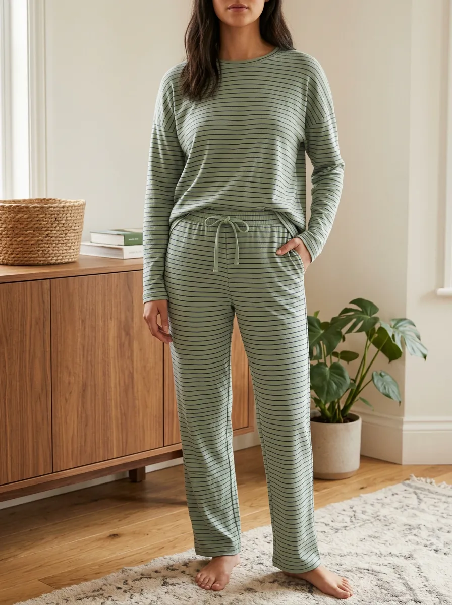 Women's Casual Lounge Sage Green Striped Printed Pajama Set