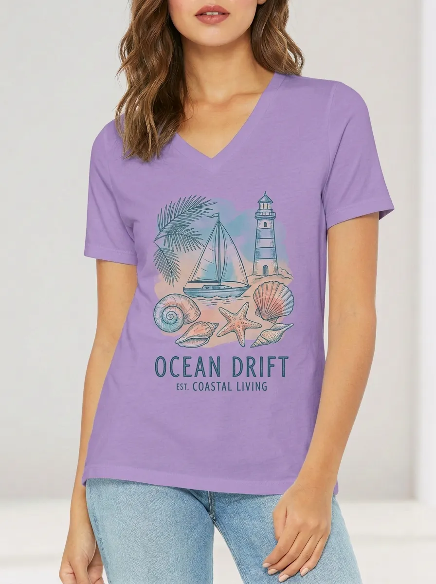 Women's Coastal Beach Lover Lighthouse Sailboat Seashells Printed V-neck T-shirt
