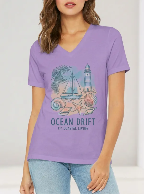 Women's Coastal Beach Lover Lighthouse Sailboat Seashells Printed V-neck T-shirt