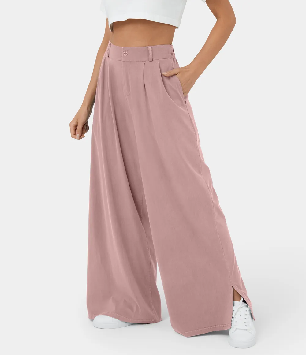 High Waisted Button Zipper Plicated Side Pocket Split Hem Wide Leg Casual Pants