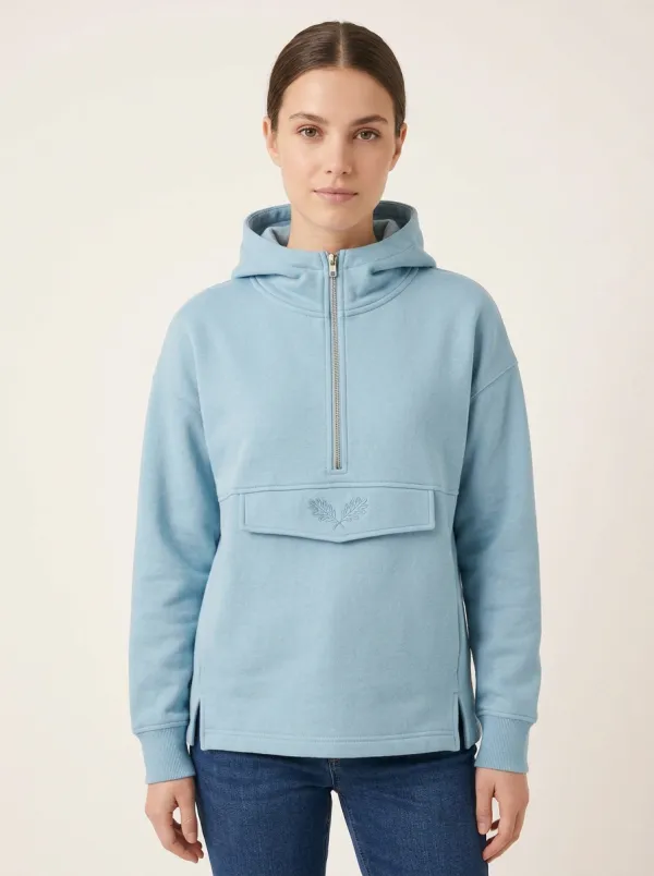 Women's Leaf-Embroidered Half-Zip Flap-Pocket Hoodie