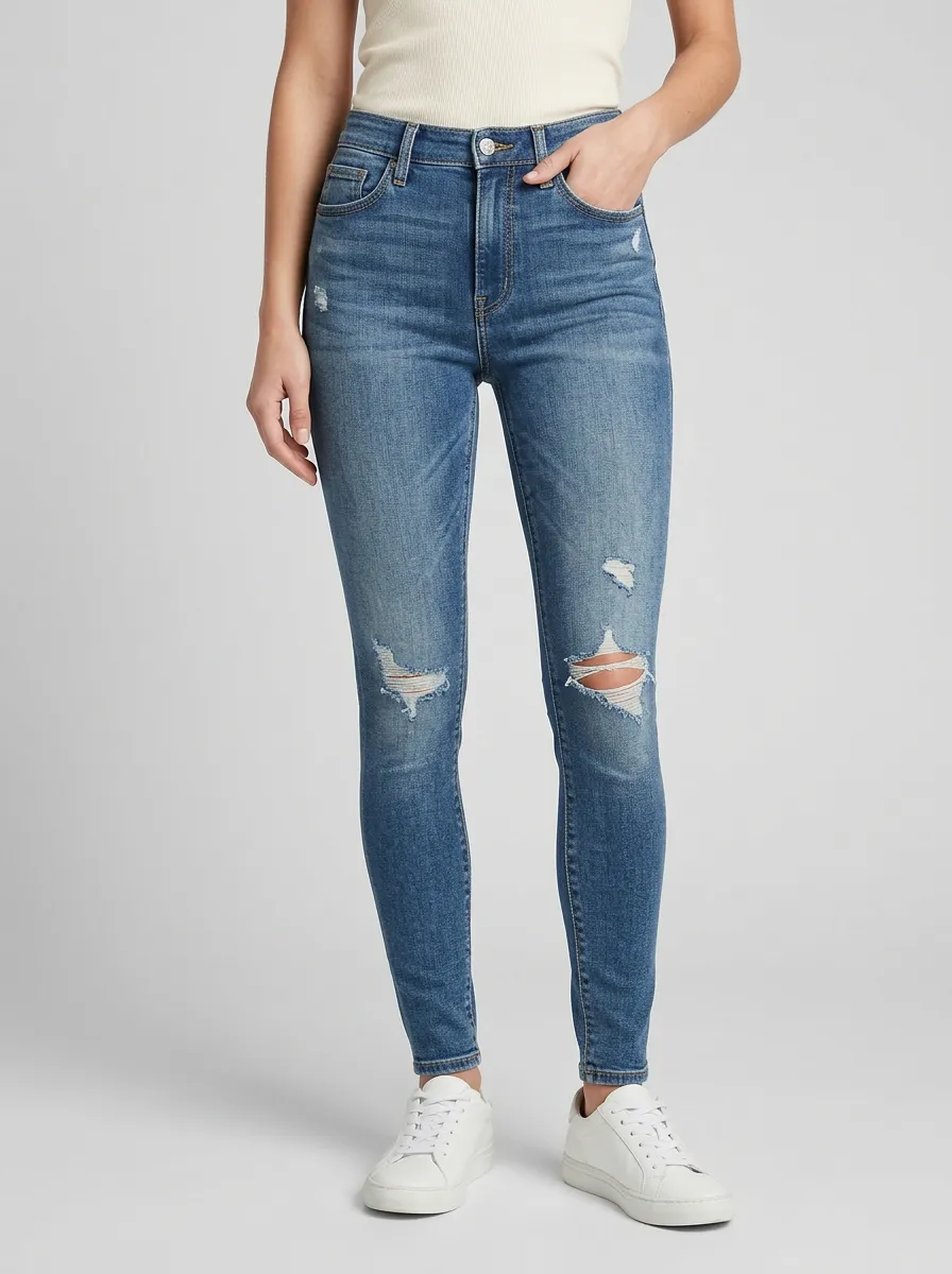 Women's Casual Distressed Blue Denim Slim Jeans