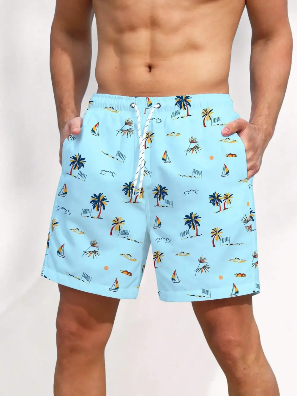 Men's Tropical Coconut Tree Print Pocket Swim Trunks