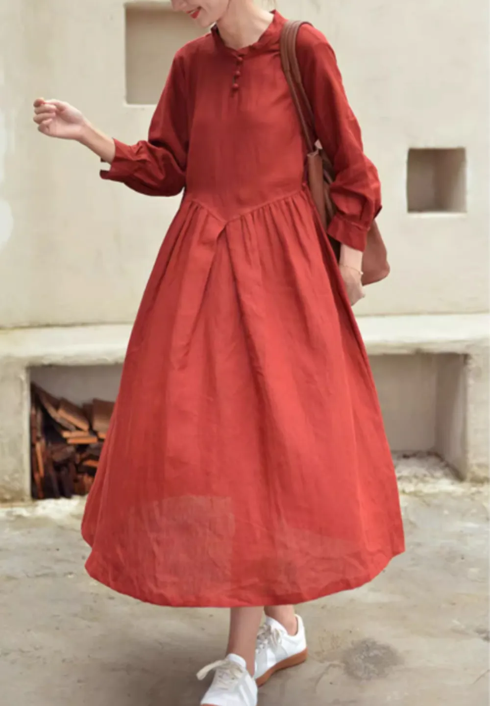 Relaxed Linen Long Sleeve Midi Dress