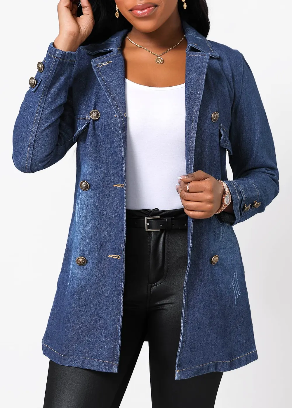 Denim Blue Button Long Sleeve Lapel Jacket