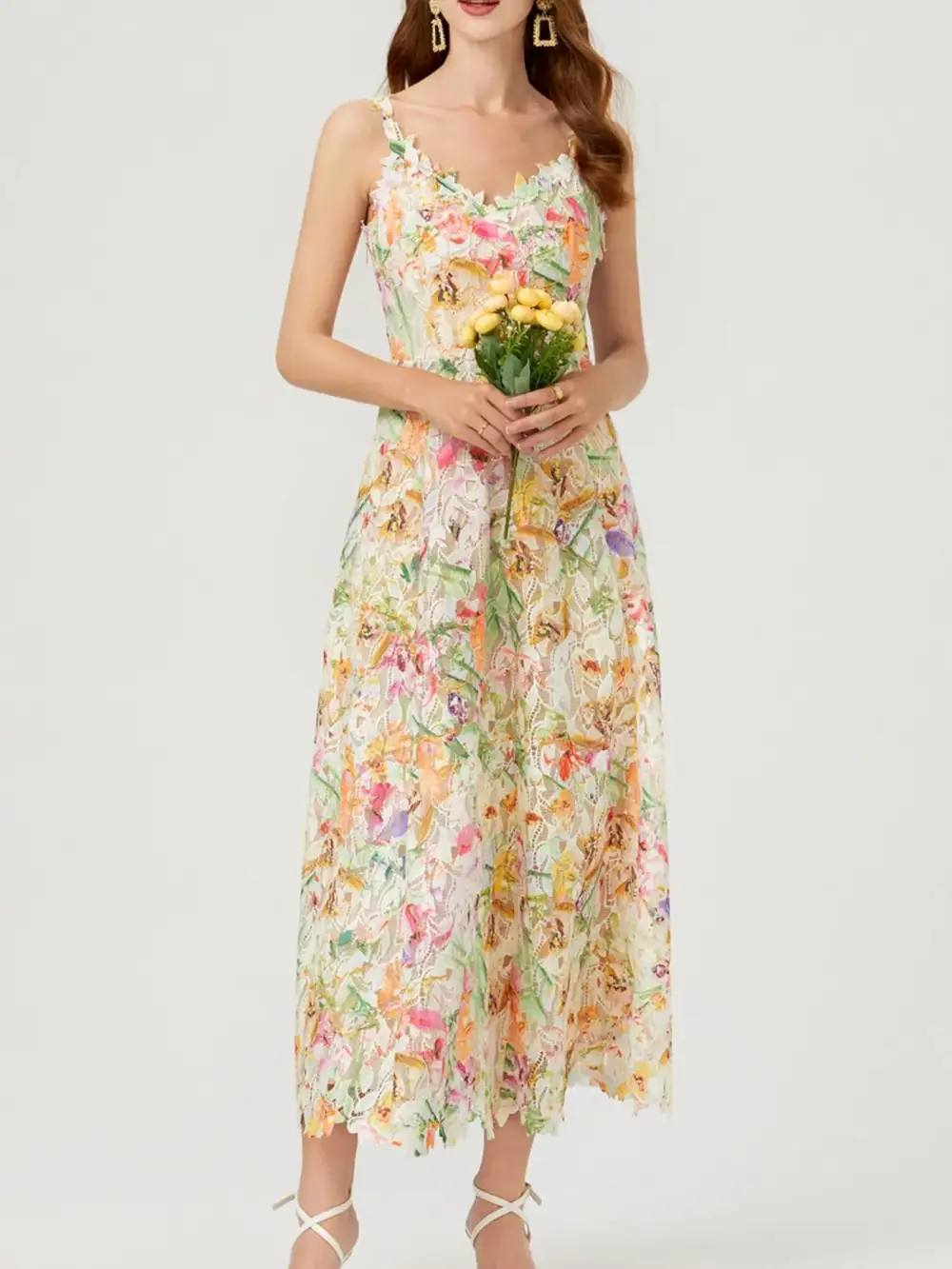 Floral Lace V Neck Midi Dress