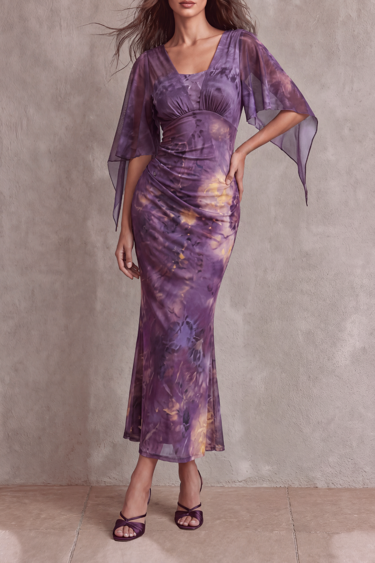 Batwing Sleeve Floral Midi Dress