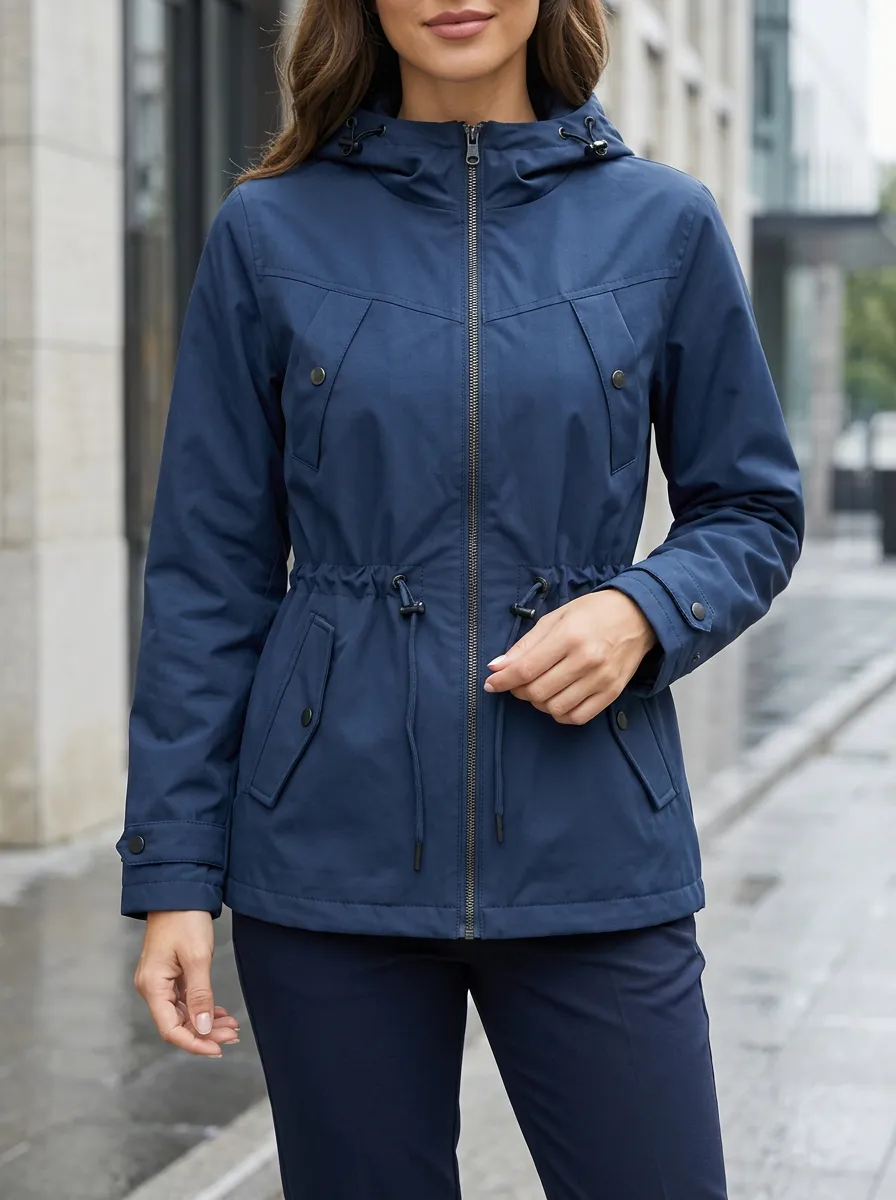 Women's Navy Blue Hooded Waterproof Rain Jacket with a Chest Pocket