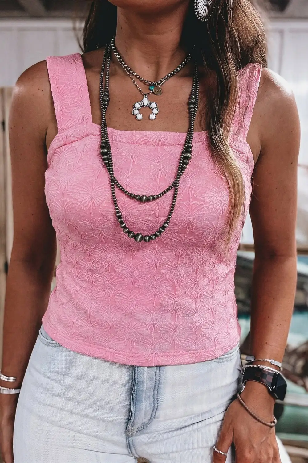 Square-Neck Slim Lace Textured Tank Top