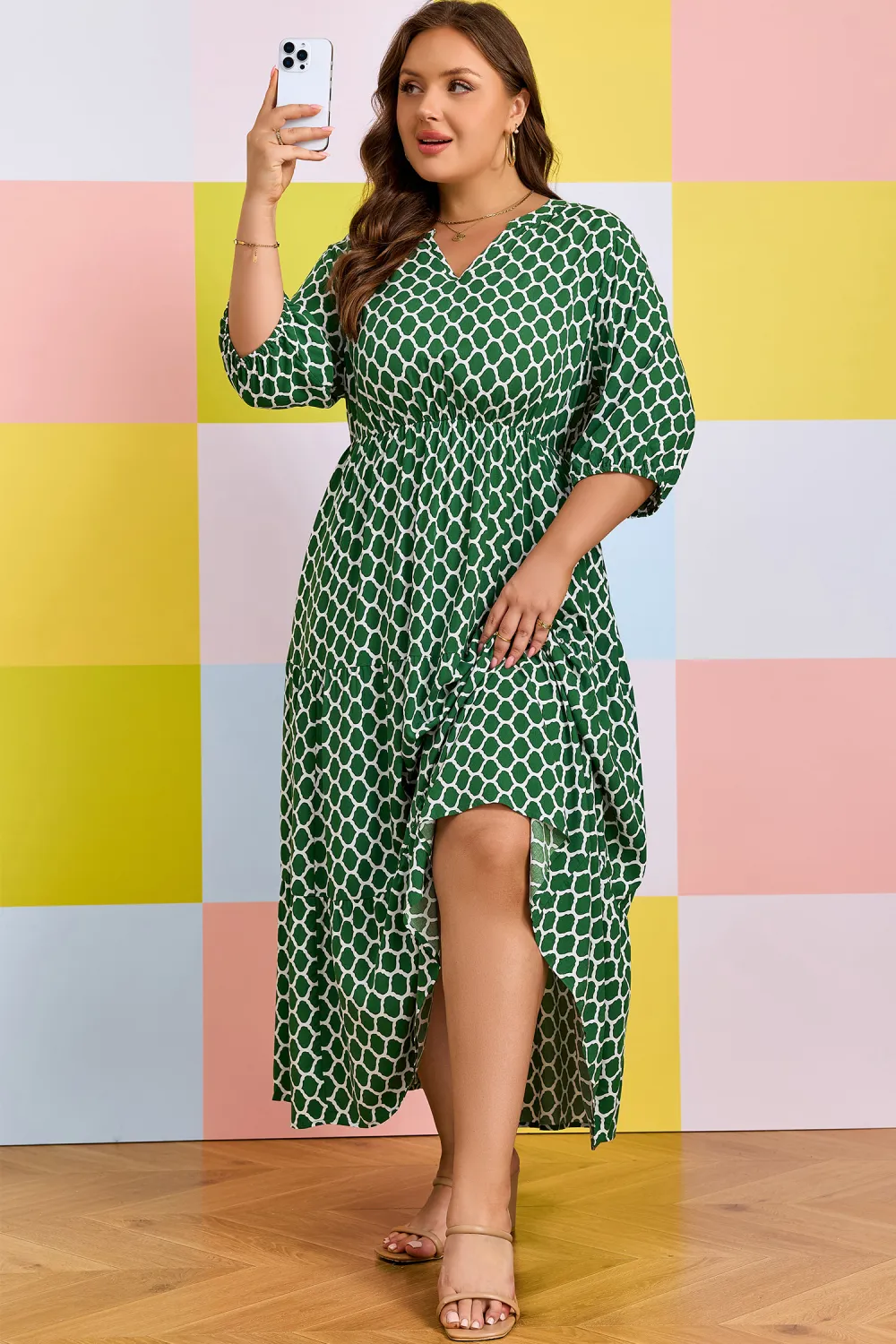 Green Geometric Ruffle Hem Dress