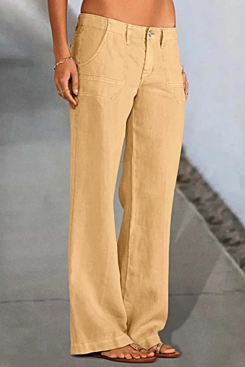 Solid Slant Pocket Low Waist Flare Pants Without Belt