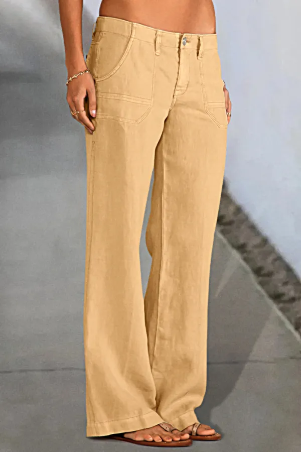 Solid Slant Pocket Low Waist Flare Pants Without Belt