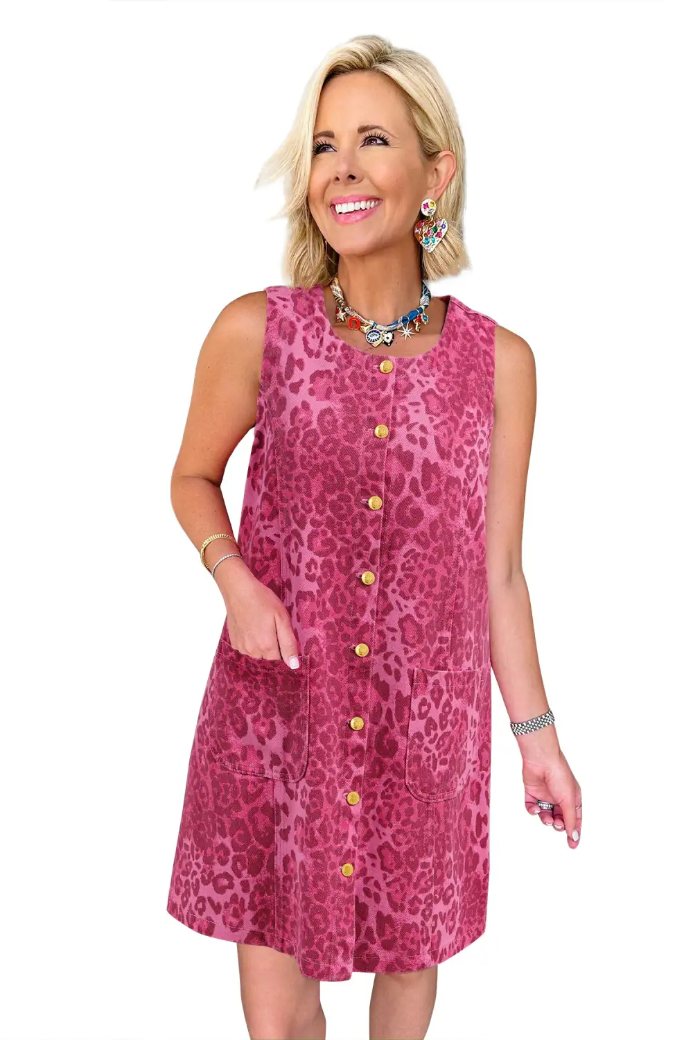 Animal Print Denim Button Front Dress Casual