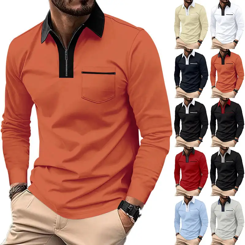 Stand Collar Chest Pocket Long Sleeve Polo Shirt