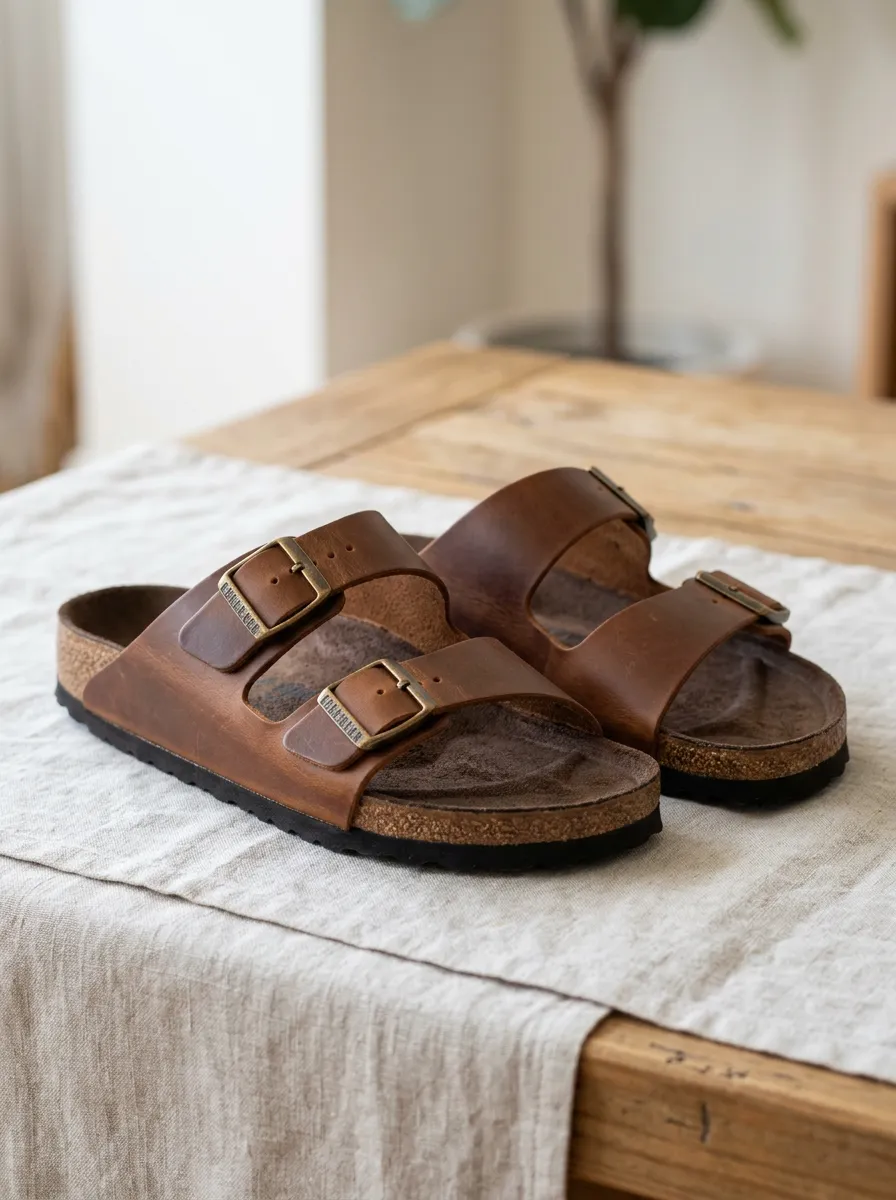 Unisex Classic Double Buckle Leather Cork Sandals