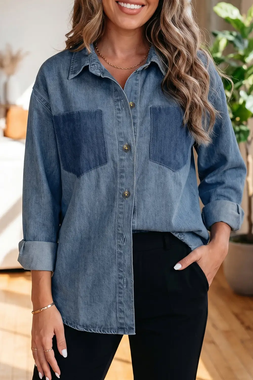 Women's Colorblock Denim Button Front Blouse