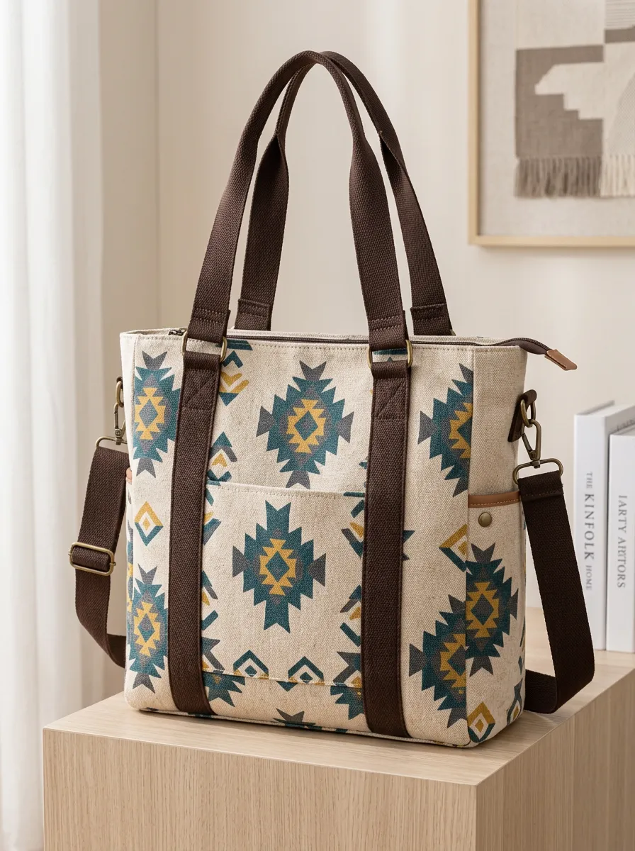 Women's Top Handle Geometric Boho Printed Canvas Shoulder Tote Bag