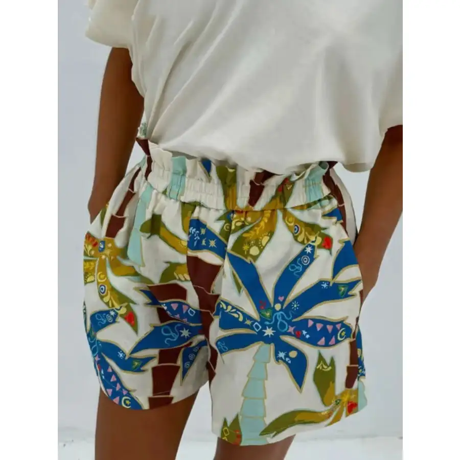 Casual Printed Button Up Shirt and Shorts Set