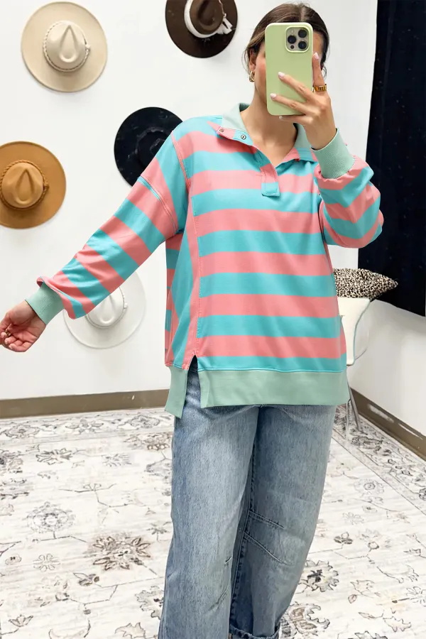 Pink Stripe Colorblock Drop Shoulder Pullover