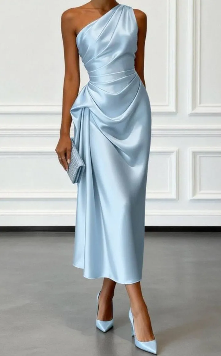 Slanted Collar Pleated Design Midi Dress