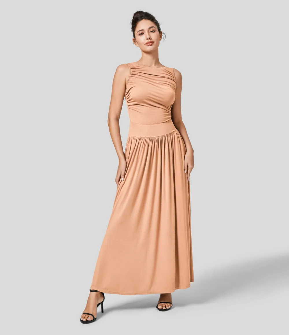 Ribbed Boat Neck Ruched Side Pocket Flowy Maxi Casual Dress
